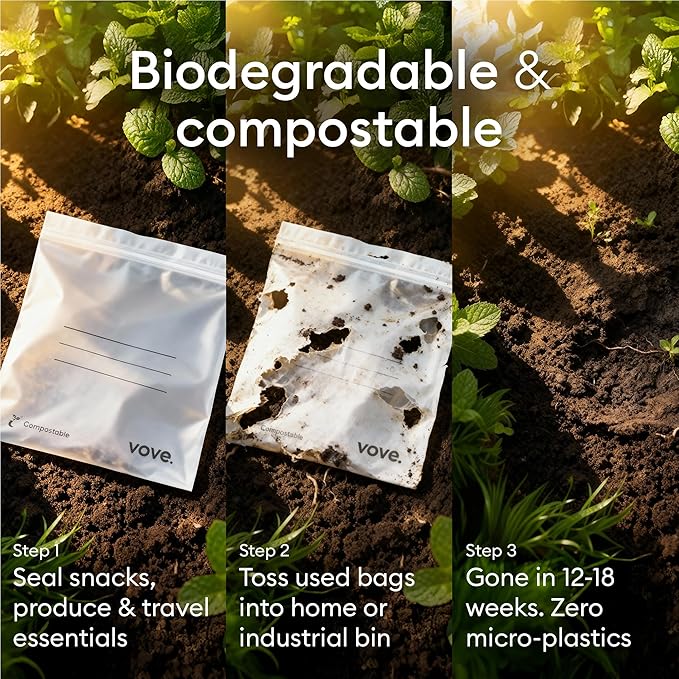 Vove Compostable Snack Bags, Small 50 Count – Freezer Safe, Leak Resistant, Non Toxic, Writable & Reusable Food Storage, Plastic-Free Eco Bags