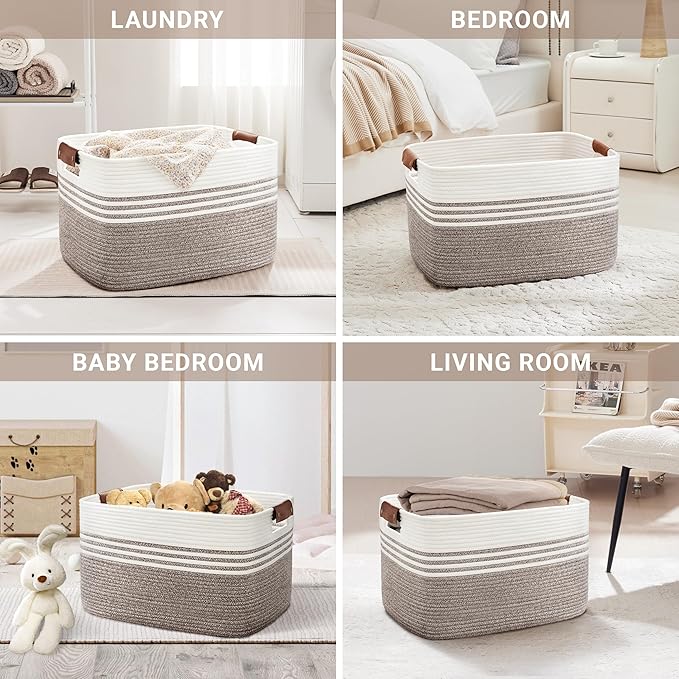 SunNewt 86L Extra Large Laundry Basket with Leather Handles for Living Room Storage, Woven Rope Baskets for Blanket, Kids Toy, Gifts, Wicker Hamper for Bedroom Dirty Clothes, 24"x16"x14" Dark Brown