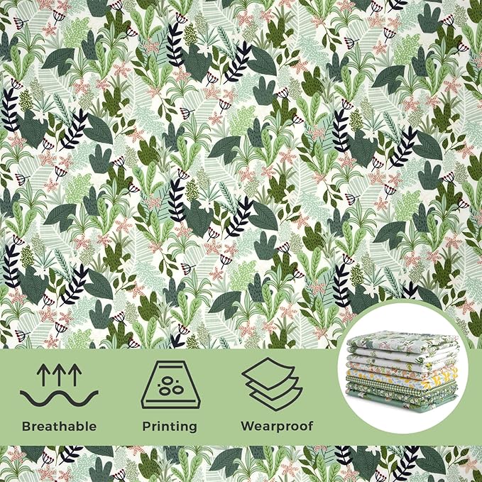 Aubliss 8pcs Fat Quarter Fabric Bundles 20'' x 20'' Cotton Craft Fabric Pre-Cut Squares Sheets for Patchwork Sewing Quilting Crafting(Green Floral)