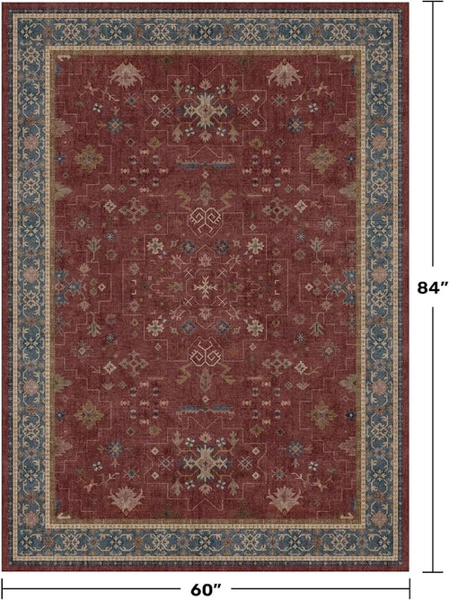 5x7 Boho Dark Red Rug for Living Room - Vintage Oriental Revival Low-Pile Carpet for Bedroom, Dining Table, Home Office, Machine Washable Area Rug Non-Slip with Rubber Back