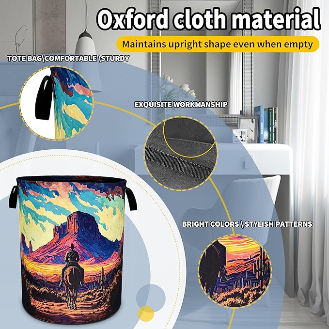 NUTAINLA Western Cowboy Laundry Basket Desert Mountains Foldable Oxford Cloth Funny Tote Bag Laundry Hamper Clothes Storage Bucket Toy Organizer For Bathroom/Laundry Storage/Bedroom 18.9x16.5 Inch
