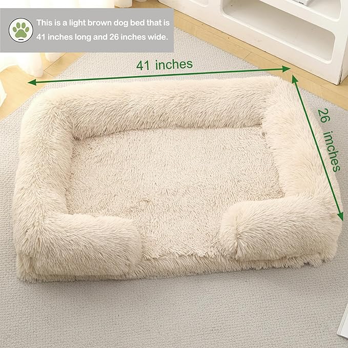 CareCooo Orthopedic Dog Bed for XL Dogs - Washable Memory Foam Pet Sofa, Fluffy Plush Rectangular Bed, Waterproof Anti-Anxiety Couch, Light Gray, XL