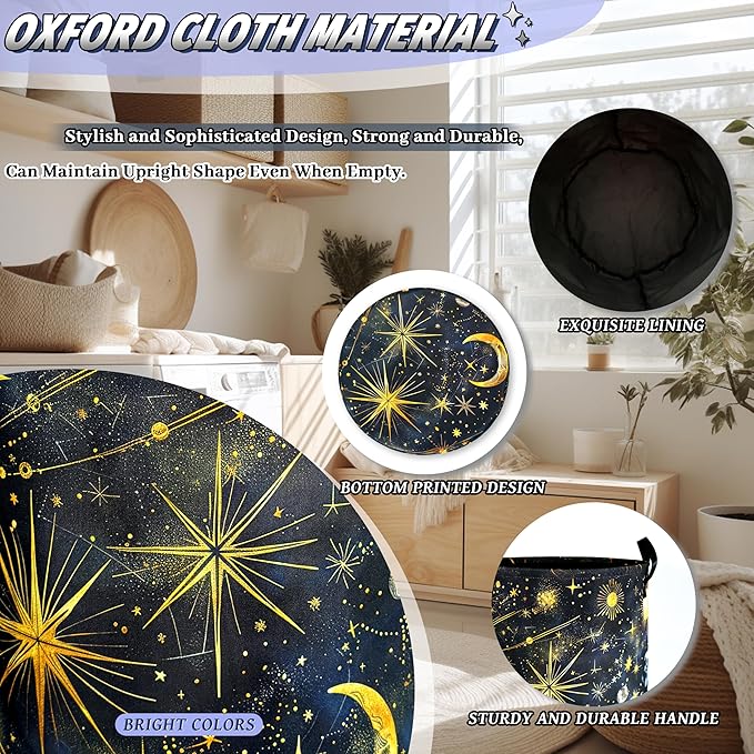 Moon Starry Sky Laundry Hamper Foldable Oxford Cloth Colorful Galaxy Laundry Basket With Handle Portable Clothes Storage Basket Funny Laundry Bag 18.9"x16.5" For Laundry Room/Bedroom/Bathrooms