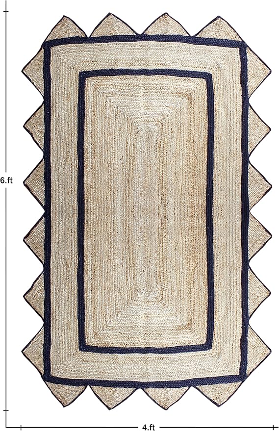 Scalloped Edge Rug, Hand Woven Natural Jute Area Rug, 6x9 Ft Beige & Black Braided Sisal Kilim Rugs for Living Room, Kitchen, Entryway, Farmhouse
