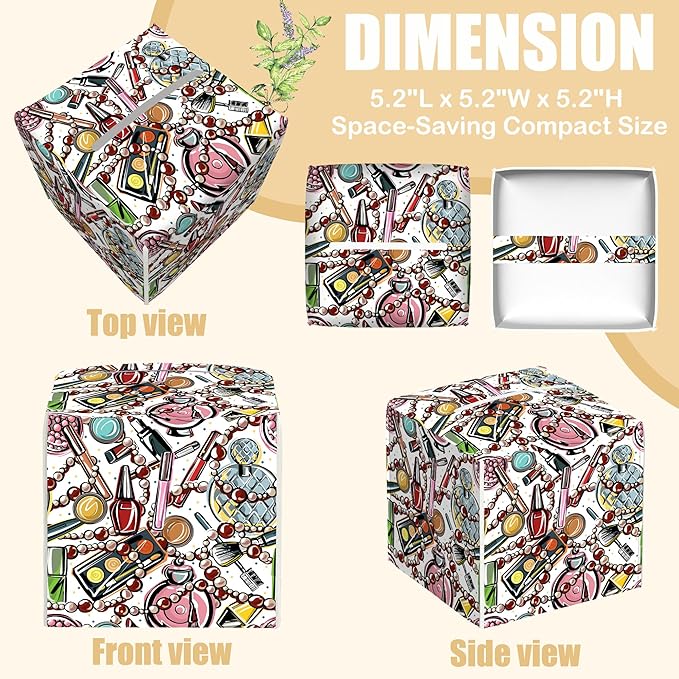 BLYKVGHQ Scattered Cosmetics Tissue Box Cover Square, Perfume and Lipstick Tissue Box Holder with Bottom Belt Leather Facial Paper Organizer Dispenser for Bathroom Bedroom Dresser Night Stand Tabletop