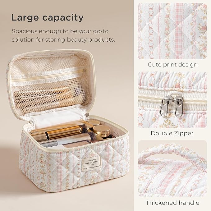 HBselect Christmas Gifts Large Quilted Makeup Bag, Cute Cotton Travel Makeup Bag with Handle, Portable Coquette Floral Make up Bags, Toiletry Organizer Make up Bags for Women Teen Girls Mom