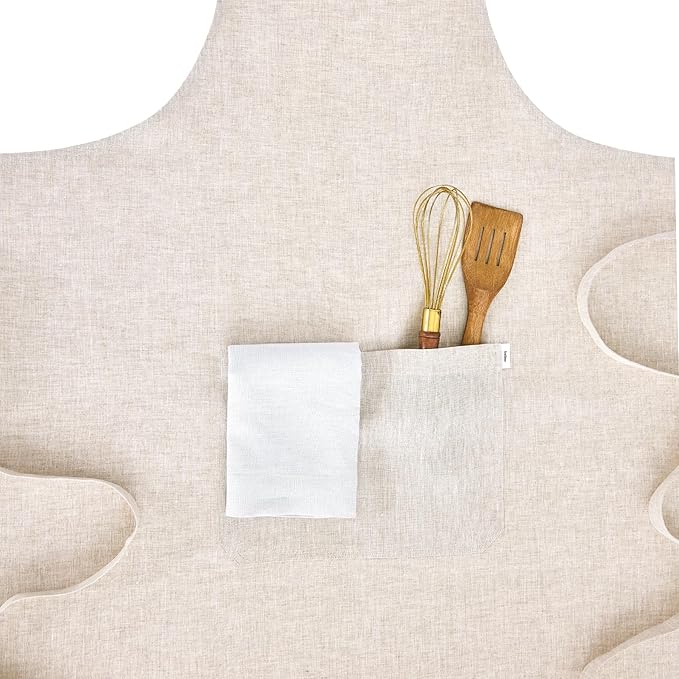 Solino Home 100% Pure Linen Apron for Women & Men - Full Midi Bib Apron Adjustable Neck Strap with Center Pockets for Kitchen