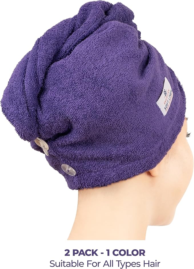 American Soft Linen 100% Cotton Hair Towel Cap and Wrap for Long Curly Anti Frizz Hair, Absorbent 2 Pack, Purple