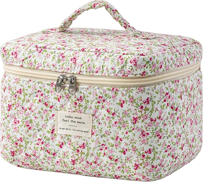 HBselect Christmas Gifts Large Quilted Makeup Bag, Cute Cotton Travel Makeup Bag with Handle, Portable Coquette Floral Make up Bags, Toiletry Organizer Make up Bags for Women Teen Girls Mom