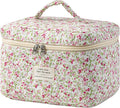 HBselect Christmas Gifts Large Quilted Makeup Bag, Cute Cotton Travel Makeup Bag with Handle, Portable Coquette Floral Make up Bags, Toiletry Organizer Make up Bags for Women Teen Girls Mom