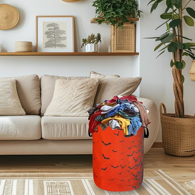 Bat Laundry Hamper Foldable Oxford Cloth Funny Bats Laundry Basket With Handle Portable Clothes Storage Basket Colorful Laundry Bag 18.9"x16.5" For Laundry Room/Bedroom/Bathrooms