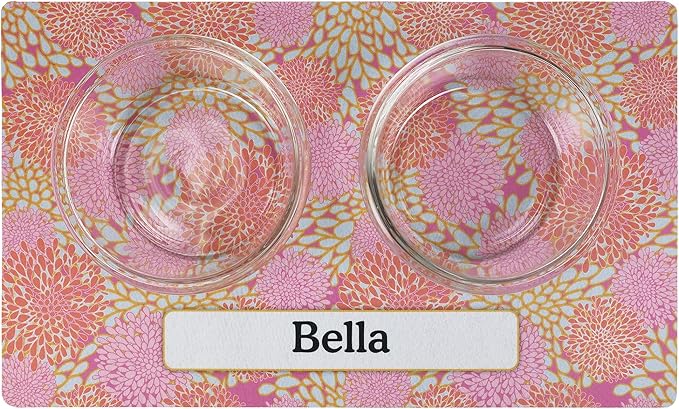 Drymate Personalized Pet Bowl Placemat, Custom Dog & Cat Food Feeding Mat - Absorbent Fabric, Waterproof Backing - Machine Washable/Durable (USA Made) (12" x 20") (Rejuvenation Pink Flowers)