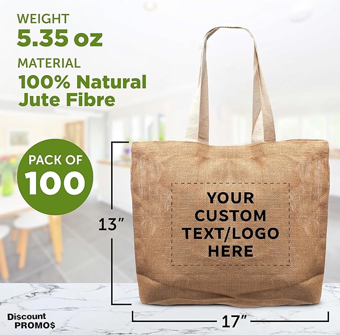 DISCOUNT PROMOS 100 Natural Jute Fiber Carry-On Tote Bags Set - Customizable Text, Logo - Convenient, Webbing Handle, Everyday Use - Natural