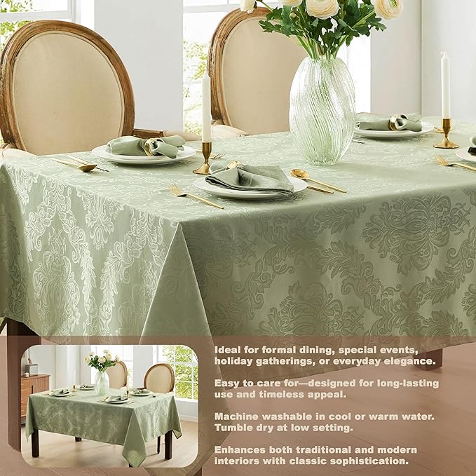 Newbridge Barcelona Damask Fabric Tablecloth, 52 x 52 Inch Square, Sage Green – No Iron, Soil Resistant Table Cover for Dining, Parties and Holidays