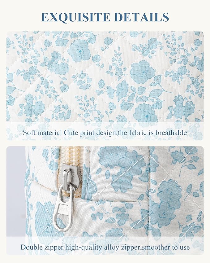 HBselect Quilted Makeup Bag, Portable Cotton Travel Makeup Bag, Cute Coquette Blueflowers Floral Pencil Pouch Toiletry Bags for Women Teen Girls Mom