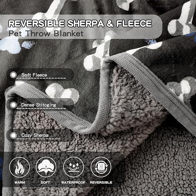 CAPT.SNOOZE Waterproof Dog Blankets Pet Blanket 50"x60", Soft Fluffy Sofa Car Bed Protector, Reversible Sherpa Fleece Dog Blanket for Large Dogs (Navy Paws)
