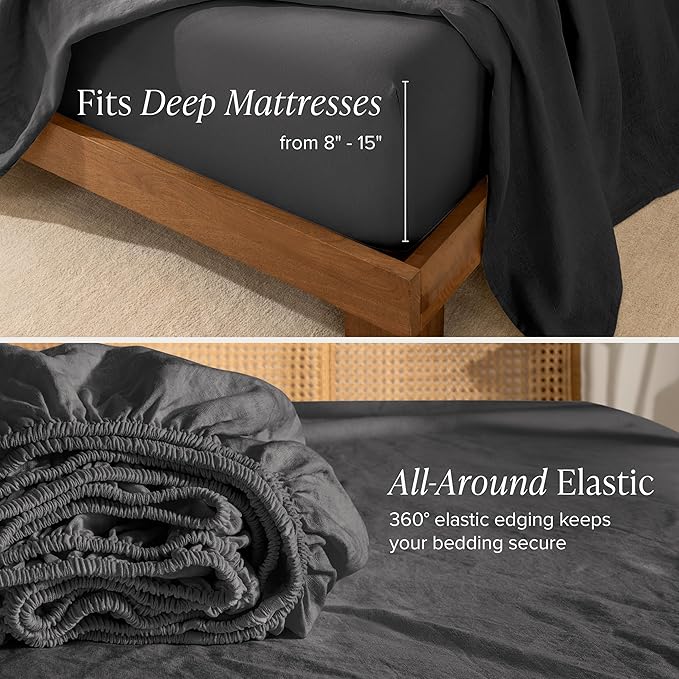 Bare Home Full Sheet Set - Luxury 100% European Linen - Deep Pockets - Easy Fit - 4 Piece Set - Bedding Sheets & Pillowcases (Full, Dark Grey)