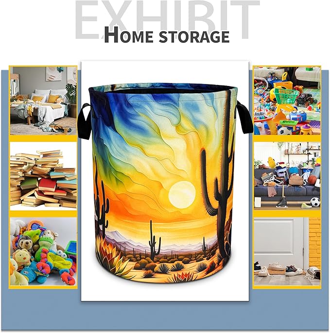 NUTAINLA Desert Cactus Laundry Basket Sunset Foldable Oxford Cloth Funny Tote Bag Laundry Hamper Clothes Storage Bucket Toy Organizer For Bathroom/Laundry Storage/Bedroom 18.9x16.5 Inch