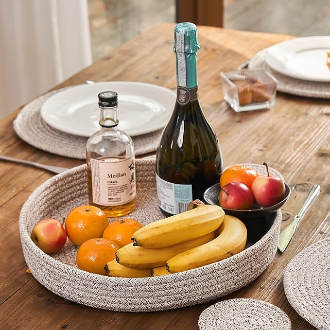 Art PineCone's Woven Cotton Rope Round Placemats Set of 4 with Holder Included, Non-Slip, and Heat Resistant Shabby Chic Placemats (Taupe Mix, 13 inch Plus Coaster)