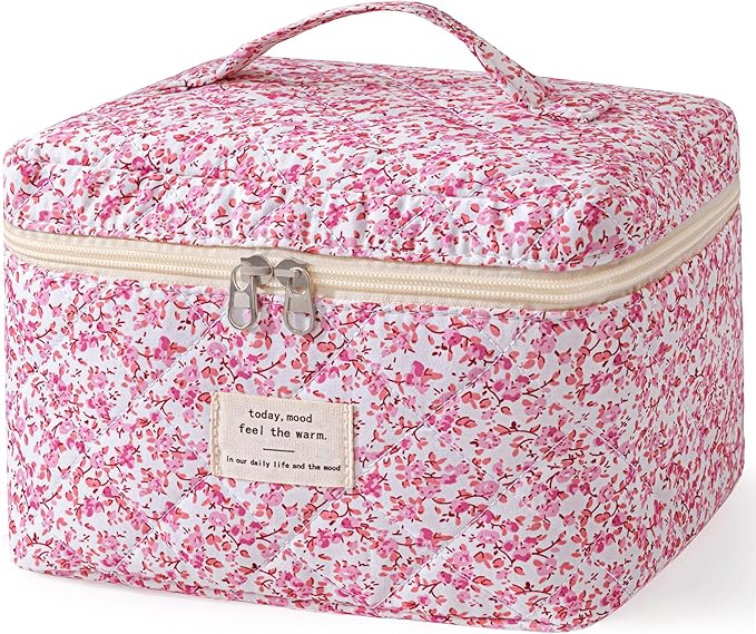 HBselect Christmas Gifts Large Quilted Makeup Bag, Cute Cotton Travel Makeup Bag with Handle, Portable Coquette Floral Make up Bags, Toiletry Organizer Make up Bags for Women Teen Girls Mom
