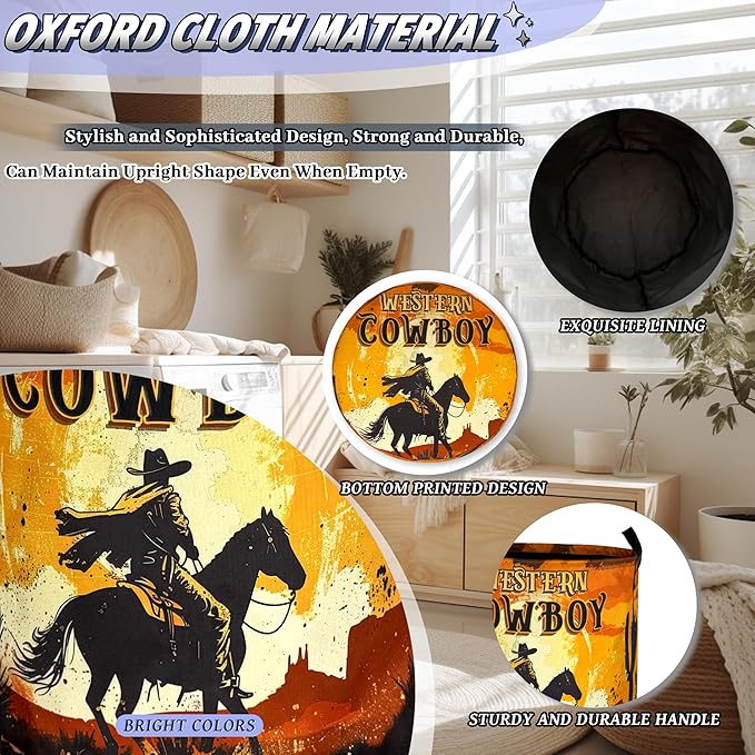 Western Cowboy Laundry Basket Oxford Cloth Desert Riding Laundry Hamper With Handle Portable Clothes Storage Basket Foldable Funny Laundry Bag 18.9"x16.5" For Laundry Room/Bedroom/Bathrooms