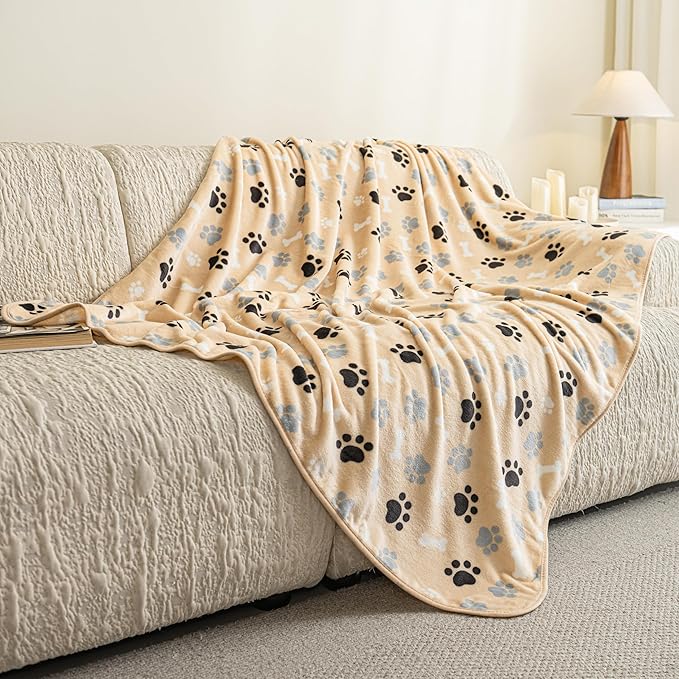 AIWEK Dog Blanket Paw Bone Pattern 1 Pack 2 Super Soft Warm Flannel Sofa Cover Car Bed Protector, Urine Proof Washable Outdoor Pet Blanket for Puppy Large Dogs & Cats,60"*50" Beige