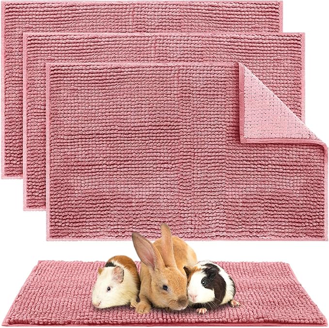 Amylove 4 Pcs Guinea Pig Cage Liner Guinea Pig Bedding Dog Door Mat for Muddy Pet Paws Washable Chenille Pee Pads Small Animal Sleeping Bed for Bunny Hamster(16 x 24 Inch,Rectangular,Pink)