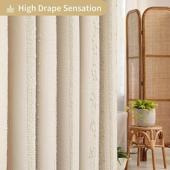 Lameirose Beige Shower Curtain Boho, 72 x 72 Cotton Blend Waffle Weave Stripe Textured Heavy Duty, Fabric Shower Curtain for Bathroom, Hotel, Washable