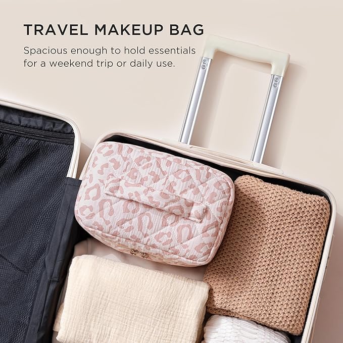 HBselect Christmas Gifts Large Quilted Makeup Bag, Cute Cotton Travel Makeup Bag with Handle, Portable Coquette Floral Make up Bags, Toiletry Organizer Make up Bags for Women Teen Girls Mom