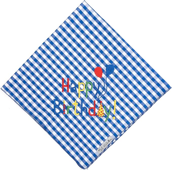 THE WORTHY DOG Classic Tie-Ir Dog Bandana – Soft Cotton Flannel Square Pet Bandana, Happy Birthday Pattern, Blue, Large