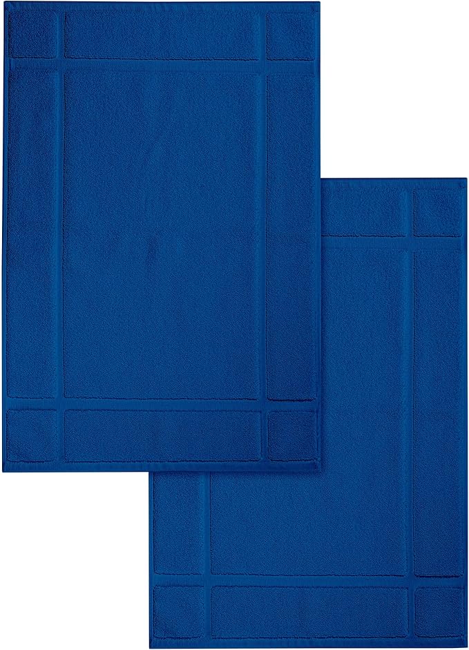 Ample Decor Pack of 2 100% Cotton 1350 GSM Bath Mats 24 x 17 Inches, Quick Dry Banded Border Shower Bathroom Floor Mat, Not Bathroom Rug - Navy, 2 Pack