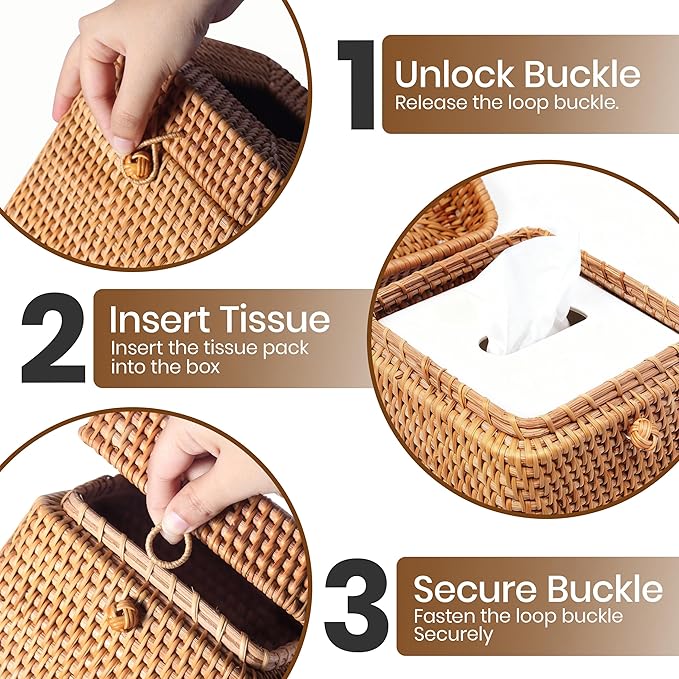 Natural Rattan Tissue Box Cover – 5.5x5.5x5.9 Inch - Stylish Handwoven Tissue Holder with Lid - Ideal for Bathroom Vanity, Bedroom, or Living Room Home Accent