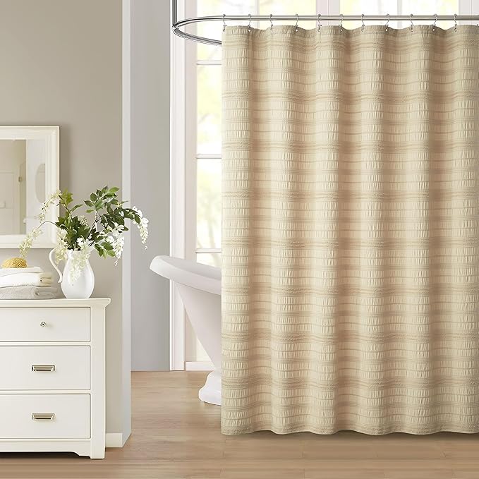 Siiluminisoy Beige Shower Curtain Farmhouse Shower Curtain Cotton Blend Striped Shower Curtains for Bathroom Shabby Chic Rustic Decor 72 x 72