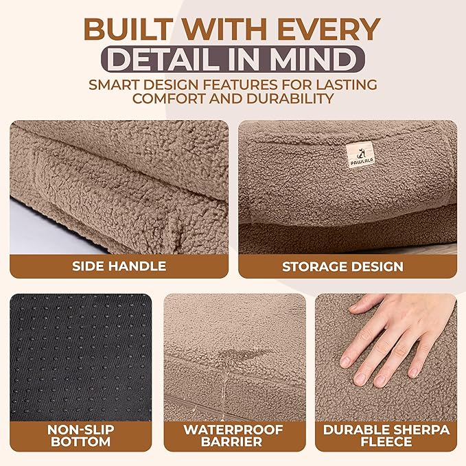 2 in 1 Human Dog Bed for Adult Foldable – Waterproof, Orthopedic Foam, Machine Washable Sherpa Cover, Non-Slip Base - Human Size Dog Bed (Almond Brown, 72x44x11)