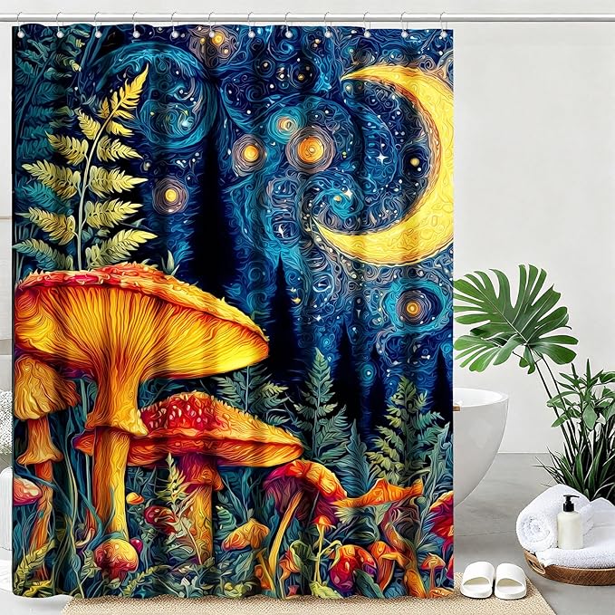 mutakin Mushroom Shower Curtain Moon Aesthetic Shower Curtains for Bathroom Waterproof Fabric Bath Curtain Decor with Hooks