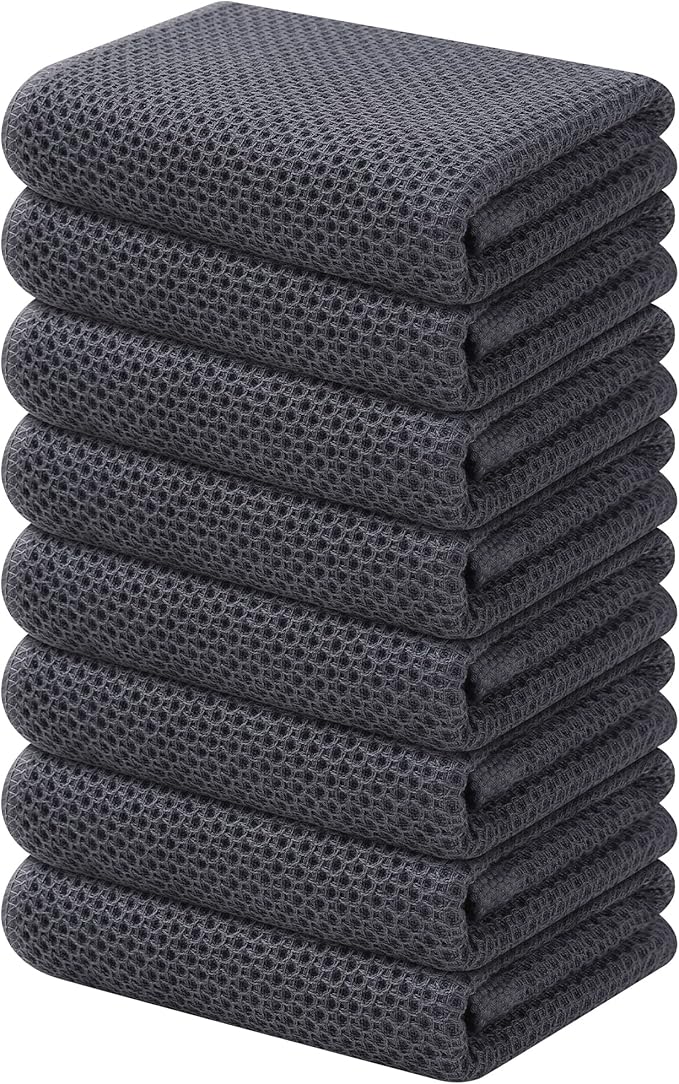 Kitinjoy 100% Cotton Waffle Weave Kitchen Towels, 8-Pack Super Soft and Absorbent Dish Towels for Drying Dishes, Kitchen Hand Towels, 13 in x 28 in, Dark Grey