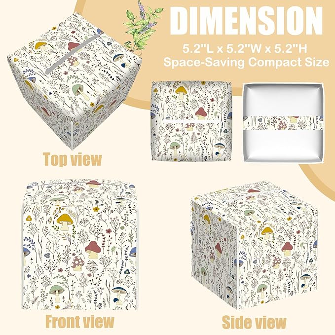 BLYKVGHQ Colorful Wild Plants and Mushrooms Tissue Box Cover Square, Tissue Box Holder with Bottom Belt Leather Facial Paper Organizer Dispenser for Bathroom Bedroom Dresser Night Stand Tabletop