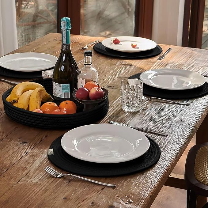 Art PineCone's Woven Cotton Rope Round Placemats Set of 4 with Holder Included, Non-Slip, and Heat Resistant Shabby Chic Placemats (Black, 13 inches, 6PC)