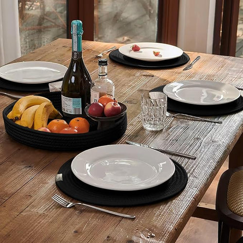 Art PineCone's Woven Cotton Rope Round Placemats Set of 4 with Holder Included, Non-Slip, and Heat Resistant Shabby Chic Placemats (Black, 13 inches, 6PC)