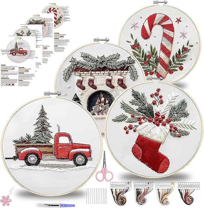 QBQBQ 4 Sets Embroidery Kits for Beginners, Cross Stitch Kit with Videos, Patterns, Needles, Threads, Bamboo Hoop & Supplies, Includes Winter Designs, Holiday Gifts & Home Decor Art (Christmas Kits A)