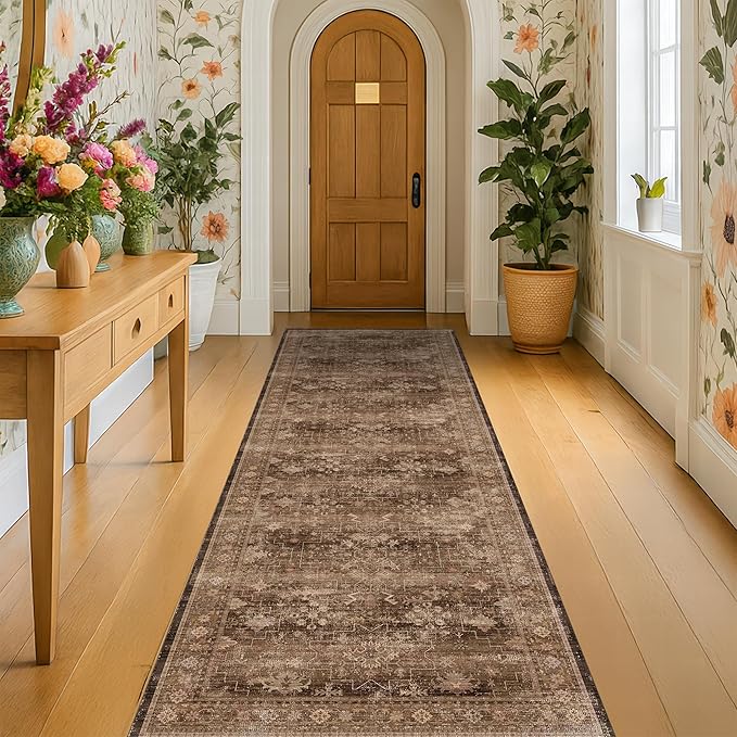 Brown Neutral Boho Washable 3x12 Extra Long Hallway Runner Rug, Waterproof Large Kitchen Floor Rug Indoor, Non-Slip Stain & Fade Resistant, Vintage Dark Earthy Taupe Decor