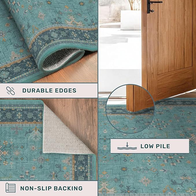 Boho 2'6"x8' Wide Hallway Runner Rugs - Teal 8ft Long Washable Door Rugs for Entryway Indoor, Non Slip with Rubber Backing, Vintage Floral Indoor Décor, Low Pile & Soft Carpet