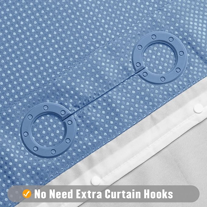 MitoVilla No Hooks Needed Blue Waffle Shower Curtain Liner Set, Modern Waffle Weave Heavy Duty Fabric Cloth Shower Curtain with Snap-in Liner for Luxury Neutral Hotel Spa Bathroom Decor