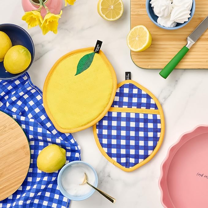 Kate Spade New York Lemon Party and Spring Gingham Pot Holder 2-Pack Set, Heat Resistant, 100% Cotton, Navy Blue/Yellow, 7"x10"
