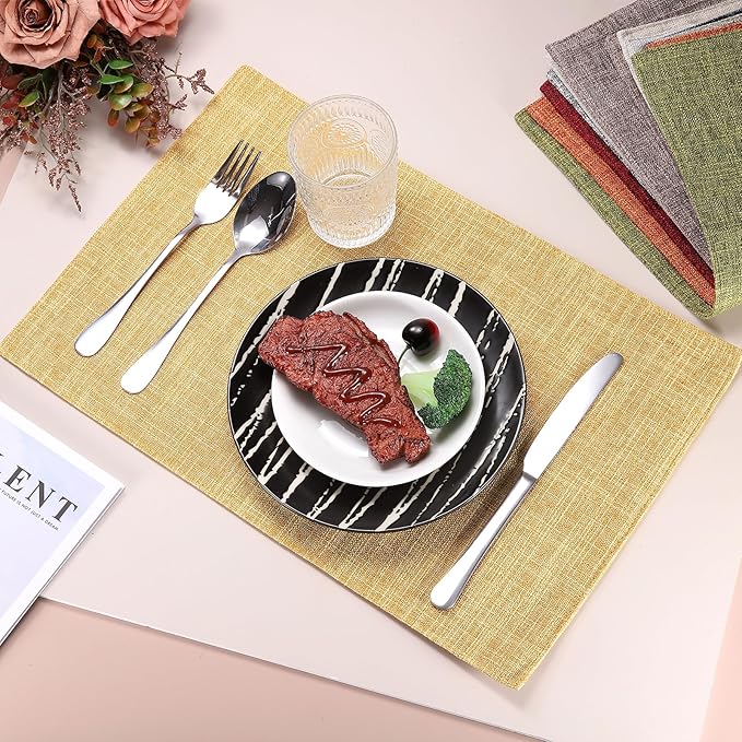 HARFINGTON 4pcs Linen Fabric Placemats 12" x 18" Polyester Rectangle Place Mats Machine Washable Heat Resistant Kitchen Table Mats for Outdoor Indoor Party Family Holiday, Silver Gray