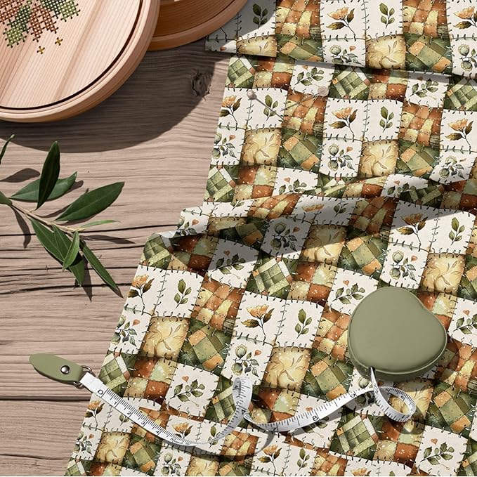 Olive Meadow Patchwork Cotton Fabric – Green & Earth Tone Botanical Patchwork Print Cotton 140 GSM, Panel 61 × 36.6 Inches, Pre-Cut Sewing Fabric Panel for Quilting, Crafts & Home Decor (USA Size)