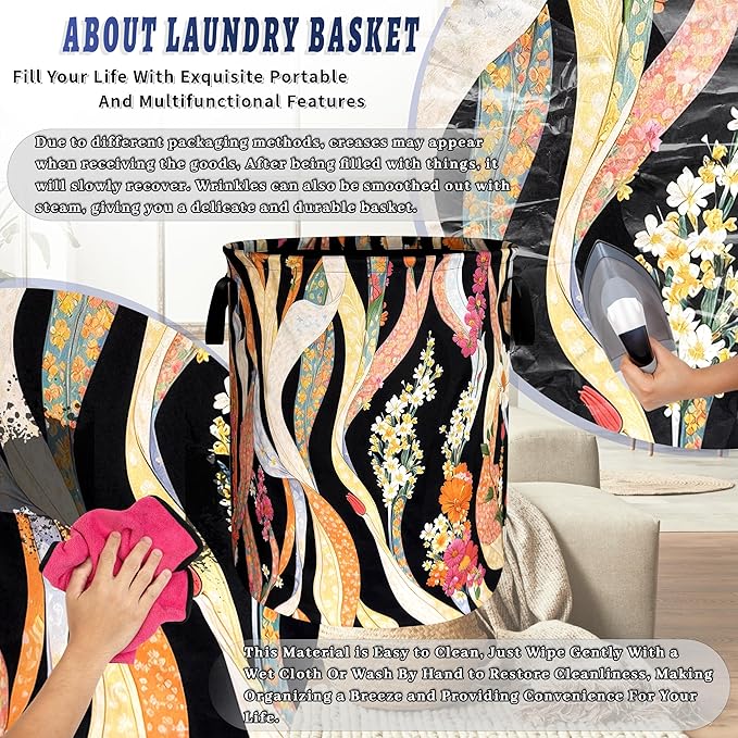 Abstract Flowers Laundry Hamper Oxford Cloth Folk Floral Art Laundry Basket With Handle Portable Clothes Storage Basket Foldable Colorful Laundry Bag 18.9"x16.5" For Laundry Room/Bedroom/Bathrooms