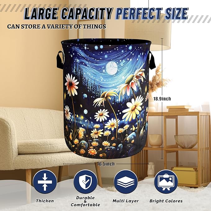 Watercolor Flowers Laundry Hamper Foldable Oxford Cloth Night Starry Sky Floral Laundry Basket With Handle Portable Clothes Storage Basket Laundry Bag 18.9"x16.5" For Laundry Room/Bedroom/Bathrooms