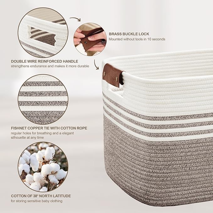 SunNewt 86L Extra Large Laundry Basket with Leather Handles for Living Room Storage, Woven Rope Baskets for Blanket, Kids Toy, Gifts, Wicker Hamper for Bedroom Dirty Clothes, 24"x16"x14" Dark Brown