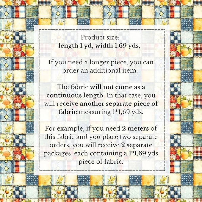 Patchwork Cotton Fabric Panel 61 x 36.6 Inches, Lemon Fruit Quilt Style Pattern, Rustic Blue Yellow Design, 100% Cotton 140 GSM